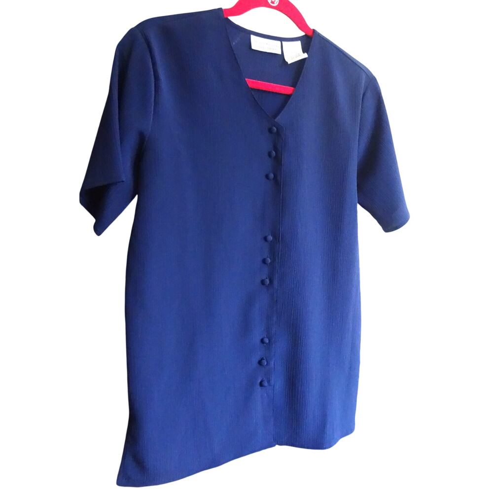 Vintage 90s Jaclyn Smith Navy Blue Long Line Blouse Button Down Gauze Small Work